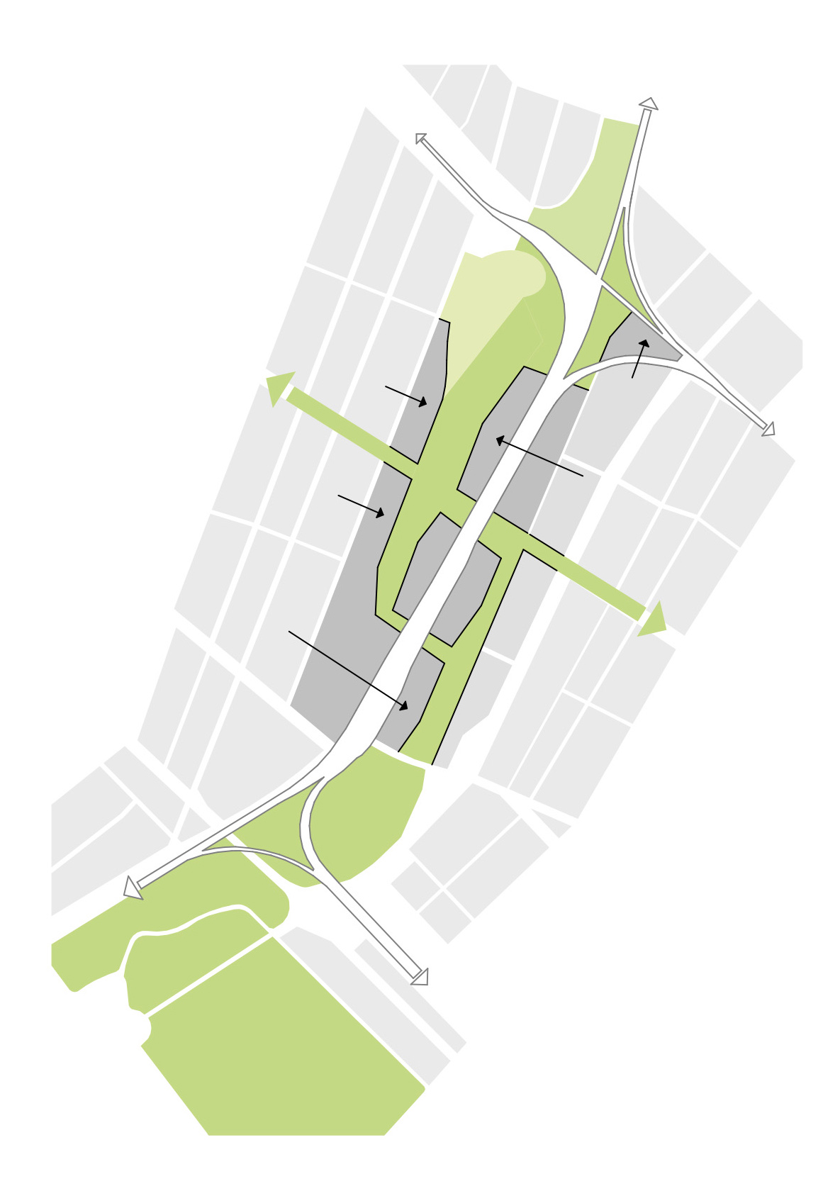 Urban expansion on both sides, with new urban boundaries along the park and the railroad right-of-way